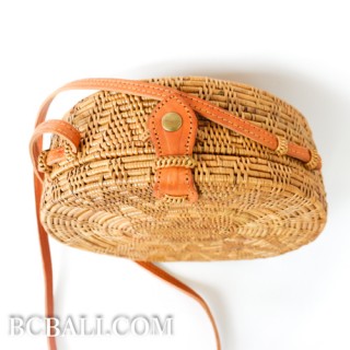 Bali circle oval rattan handbags motif star oval design leather handle 